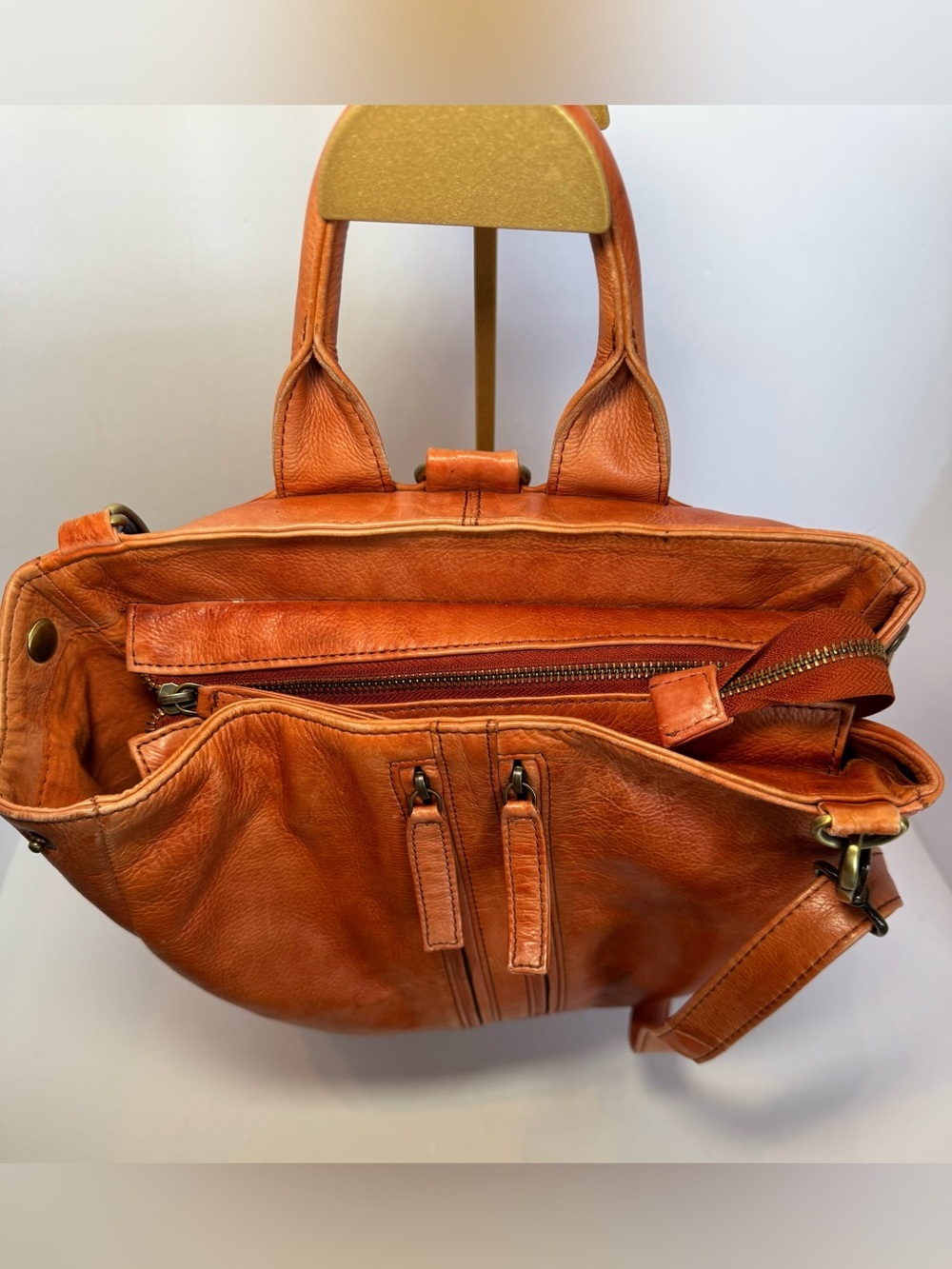 Albion Fit Full-Grain Leather Compass Satchel Backpack/ Crossbody  Burnt Orange - Picture 2 of 11